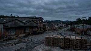 Distrito industrial com docas paradas ao entardecer (imagem ilustrativa)
