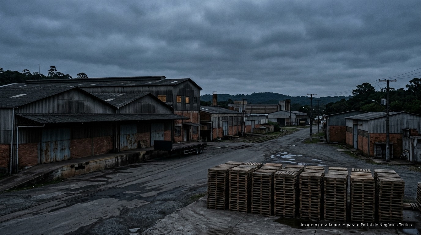 Distrito industrial com docas paradas ao entardecer (imagem ilustrativa)
