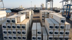 Contêineres refrigerados empilhados em terminal portuário (imagem ilustrativa)