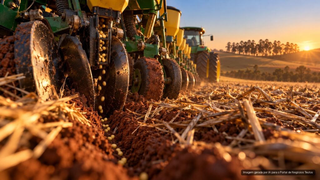 Close de plantadeira depositando sementes de soja sobre palhada ao pôr do sol (imagem ilustrativa)