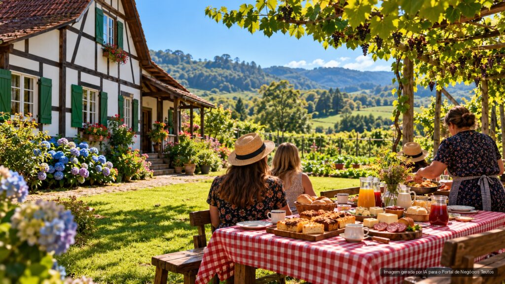 Mesa de café colonial no jardim de casa enxaimel em propriedade rural do Vale do Taquari (imagem ilustrativa)