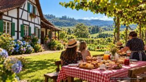 Mesa de café colonial no jardim de casa enxaimel em propriedade rural do Vale do Taquari (imagem ilustrativa)