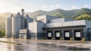 Indústria de alimentos com docas de carga e silos (imagem ilustrativa)