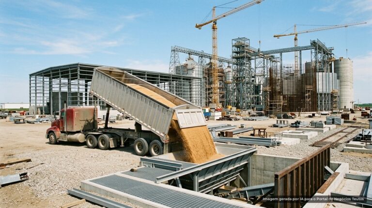 Caminhão descarregando trigo em indústria em construção (imagem ilustrativa)