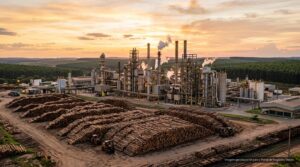 Fábrica de celulose com pilhas de toras de eucalipto e plantações ao fundo (imagem ilustrativa)