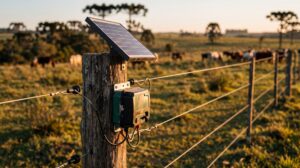 Cerca elétrica rural com placa solar e eletrificador (imagem ilustrativa)