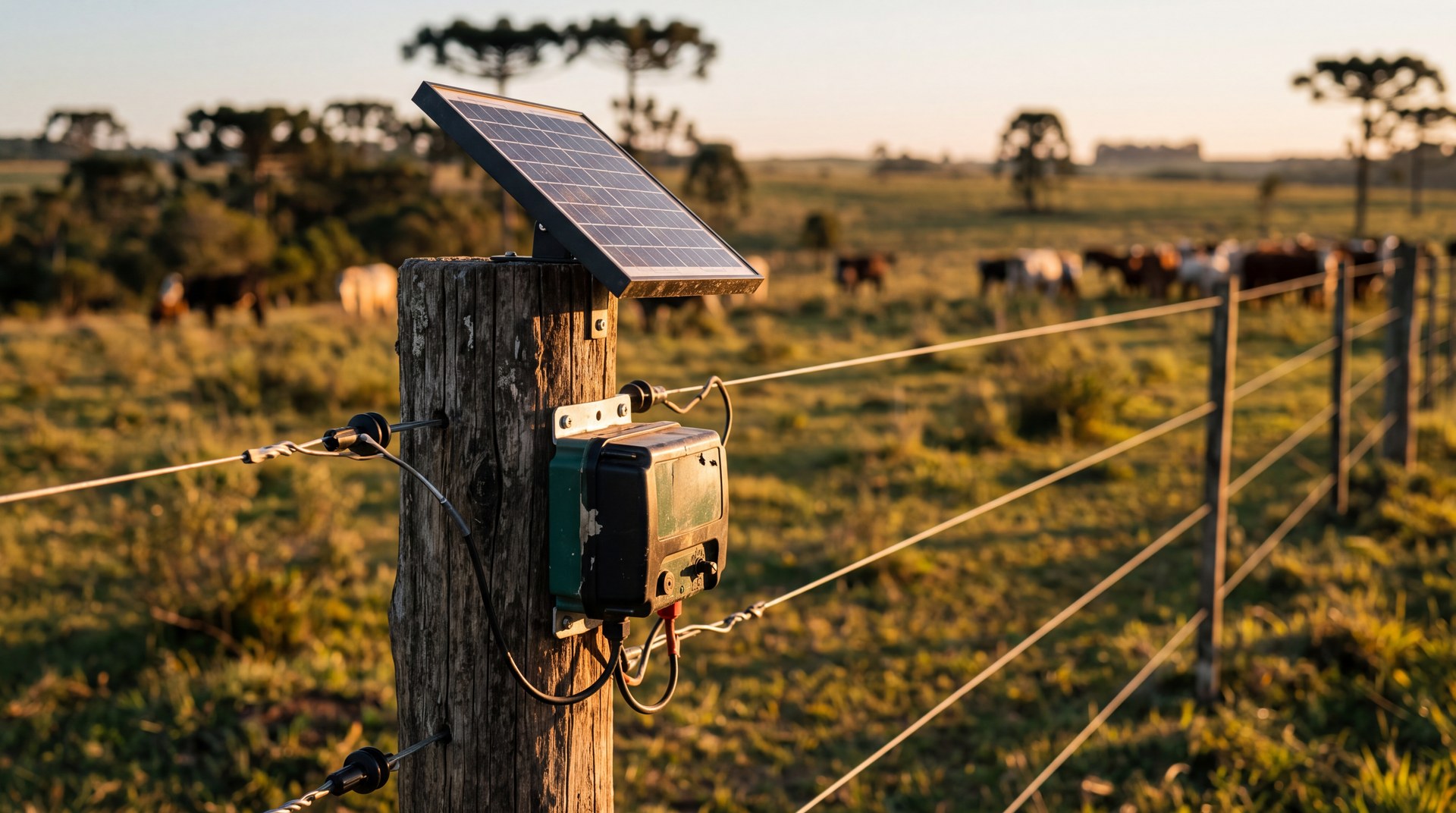 Cerca elétrica rural com placa solar e eletrificador (imagem ilustrativa)