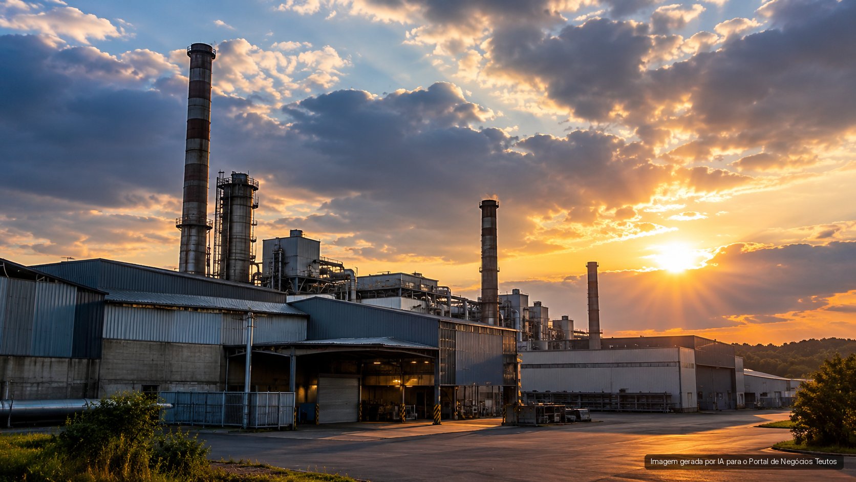 Pavilhão industrial sob céu parcialmente nublado no fim da tarde (imagem ilustrativa)