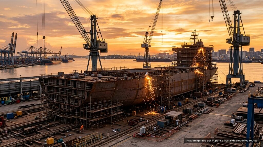 Casco de navio em construção em estaleiro com guindastes (imagem ilustrativa)