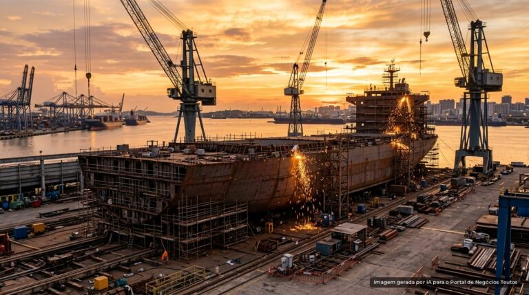 Casco de navio em construção em estaleiro com guindastes (imagem ilustrativa)
