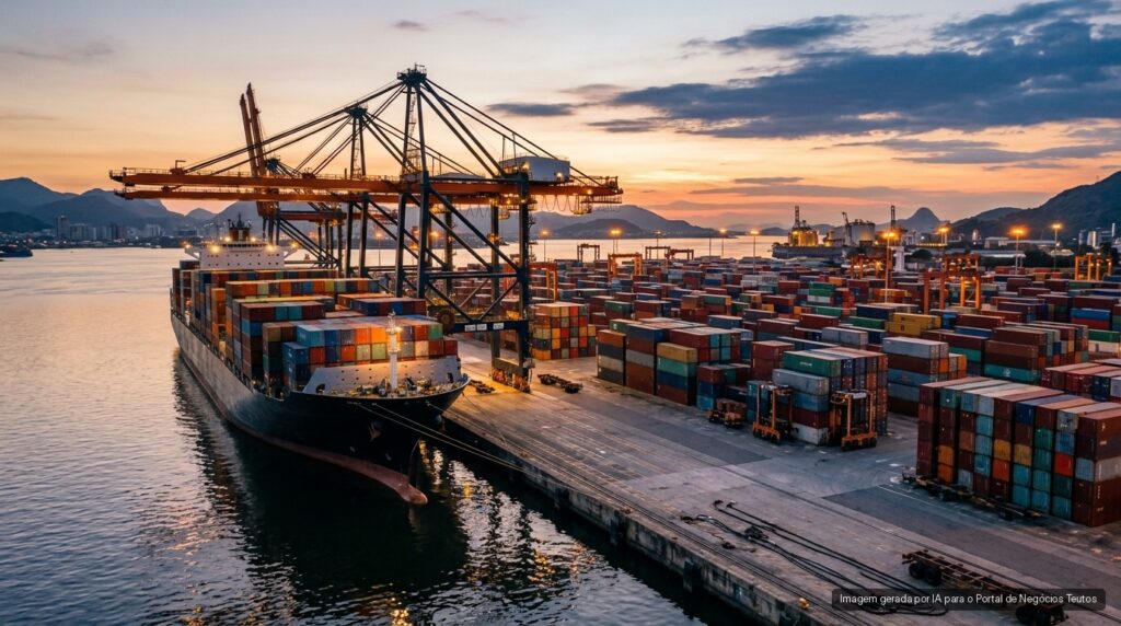 Terminal portuário com contêineres e navio cargueiro ao entardecer (imagem ilustrativa)