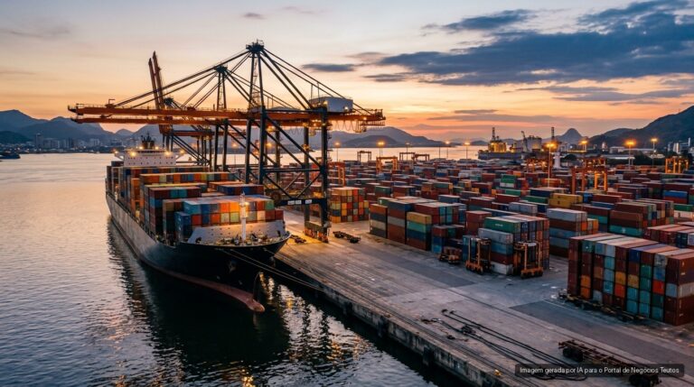 Terminal portuário com contêineres e navio cargueiro ao entardecer (imagem ilustrativa)