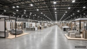 Pavilhão de feira de negócios com estandes montados (imagem ilustrativa)