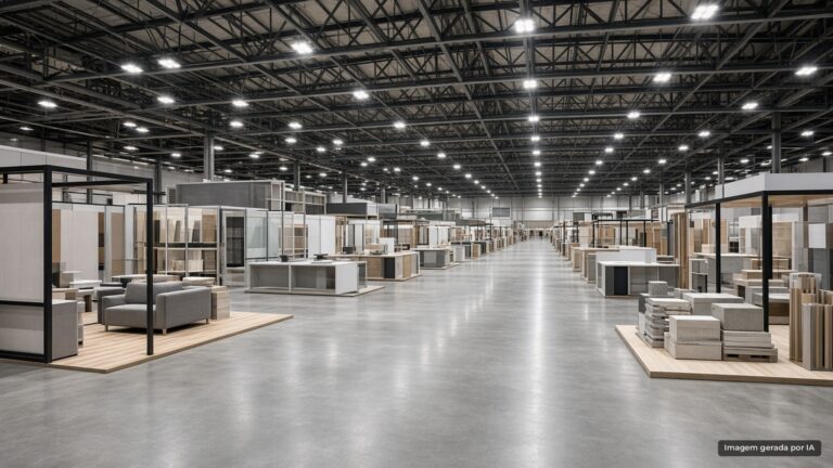 Pavilhão de feira de negócios com estandes montados (imagem ilustrativa)