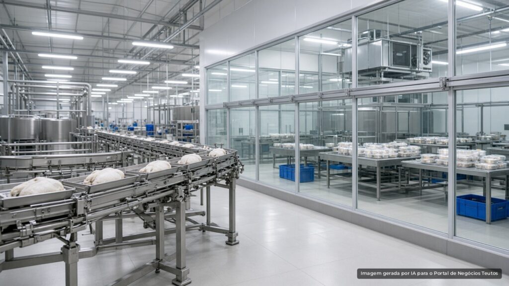 Linha de produção de frigorífico de aves com esteiras de aço inox (imagem ilustrativa)