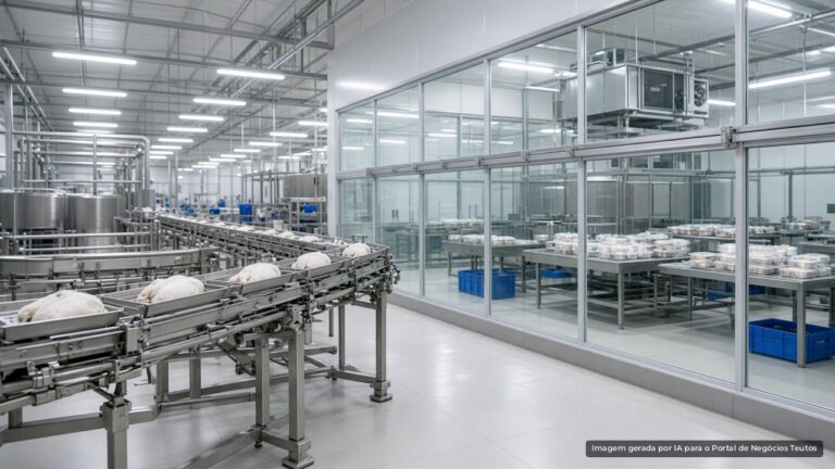 Linha de produção de frigorífico de aves com esteiras de aço inox (imagem ilustrativa)