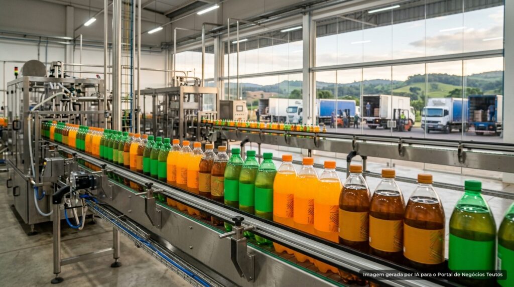 Linha de envase de uma fábrica de bebidas com garrafas coloridas na esteira e caminhões de distribuição ao fundo, representando a expansão de uma indústria do Vale do Taquari para novos estados (imagem ilustrativa)