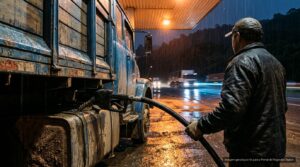 Caminhão sendo abastecido com diesel em posto de rodovia numa noite chuvosa (imagem ilustrativa)