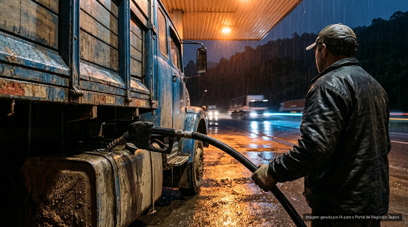 Caminhão sendo abastecido com diesel em posto de rodovia numa noite chuvosa (imagem ilustrativa)