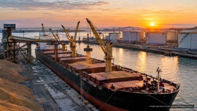 Navio graneleiro sendo carregado em porto de exportação (imagem ilustrativa)