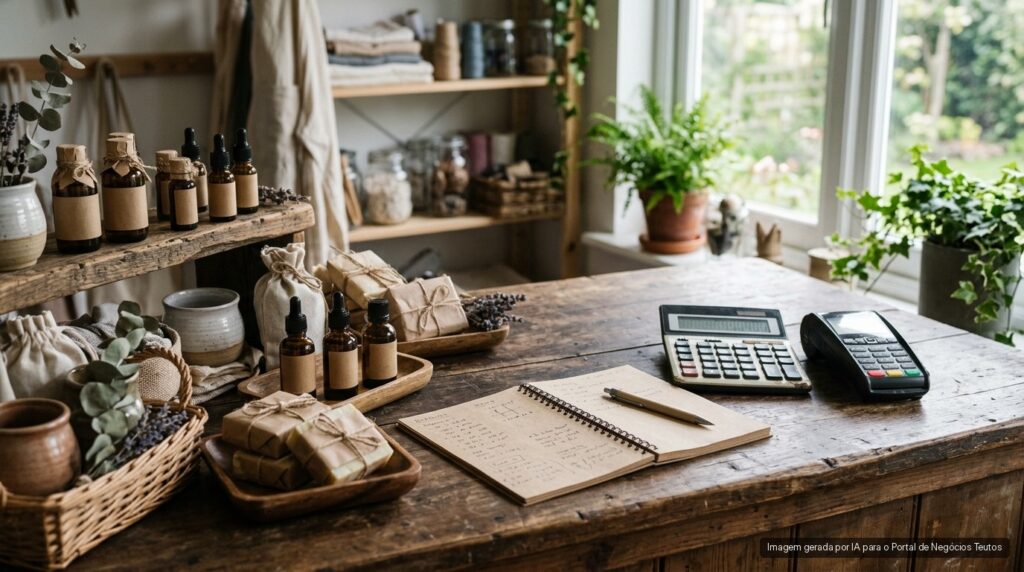 Bancada de pequeno negócio com calculadora, caderno e produtos embalados (imagem ilustrativa)