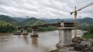 Primeiros pilares de concreto de uma ponte em construção sobre rio (imagem ilustrativa)