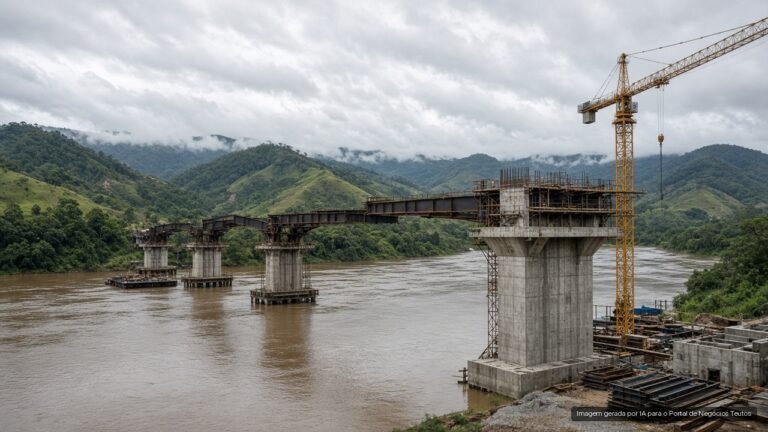 Primeiros pilares de concreto de uma ponte em construção sobre rio (imagem ilustrativa)