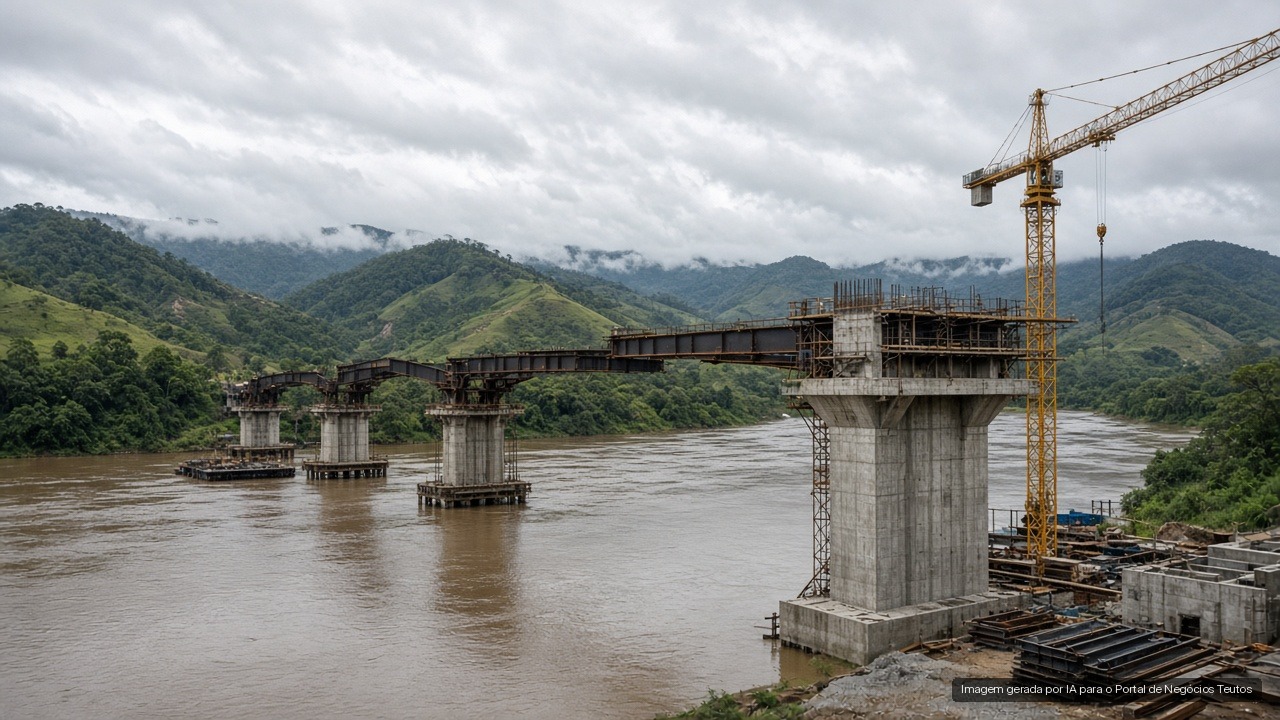 Primeiros pilares de concreto de uma ponte em construção sobre rio (imagem ilustrativa)