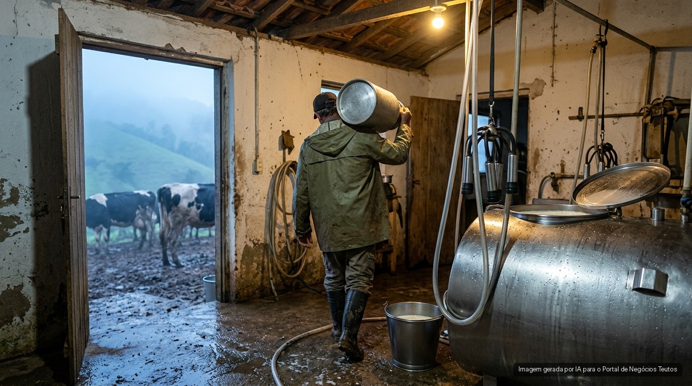 Resfriador de leite de inox em sala de ordenha de pequena propriedade numa manhã de neblina (imagem ilustrativa)