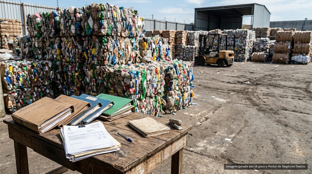 Fardos de plástico reciclado e documentos fiscais (imagem ilustrativa)