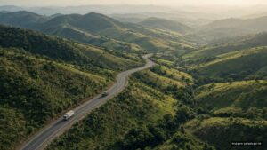Rodovia cercada por lavouras e morros verdes no interior gaúcho (imagem ilustrativa)