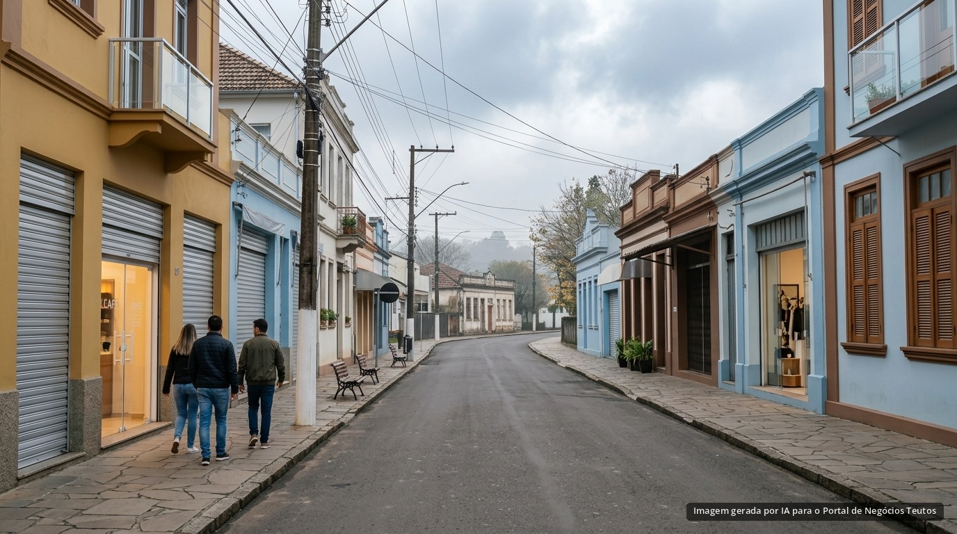Rua comercial de cidade do interior com lojas (imagem ilustrativa)