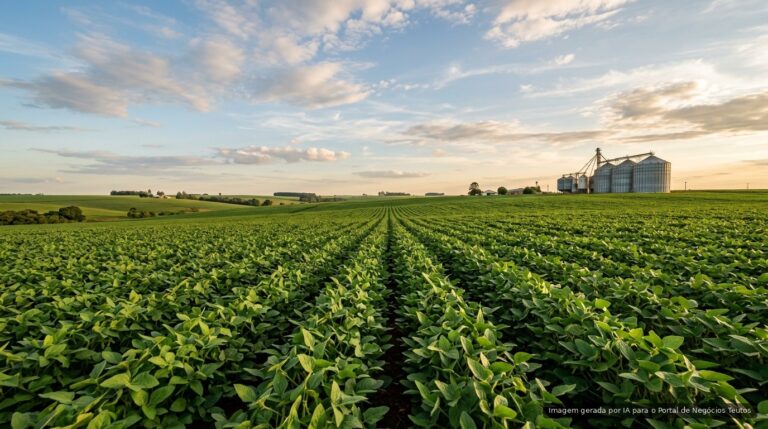 Lavoura de soja verde com silos ao fundo no interior do Rio Grande do Sul (imagem ilustrativa)