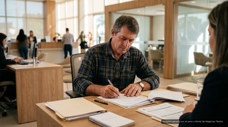 Produtor rural sentado em mesa de atendimento bancário com documentos à frente (imagem ilustrativa)