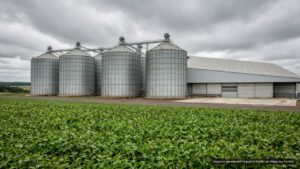 Silos de grãos de cooperativa agrícola em meio a lavouras (imagem ilustrativa)