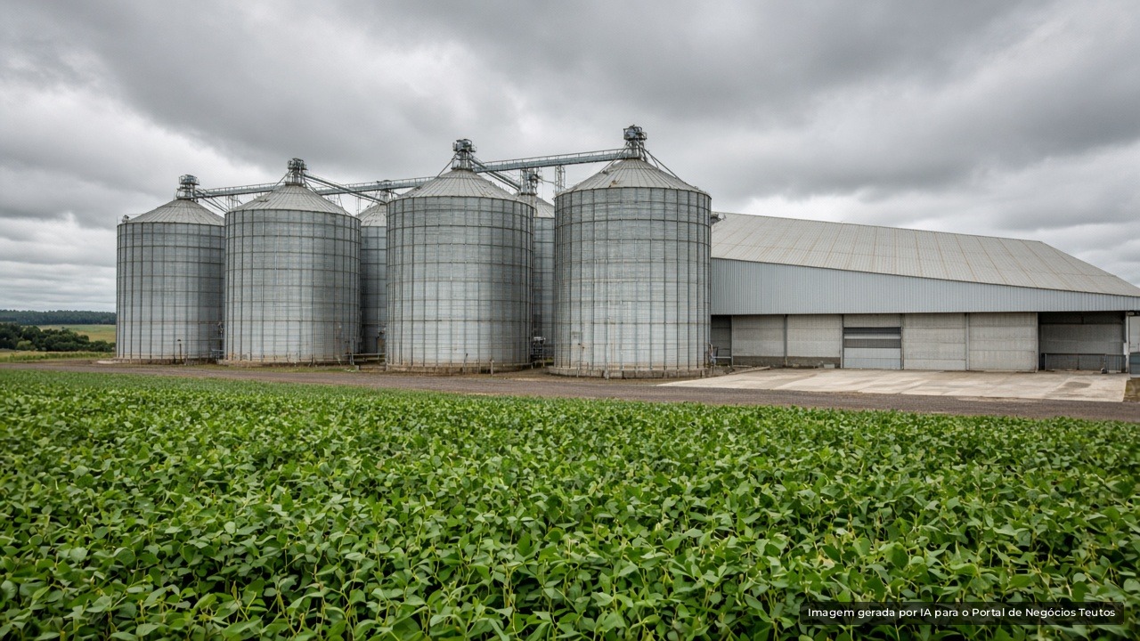 Silos de grãos de cooperativa agrícola em meio a lavouras (imagem ilustrativa)