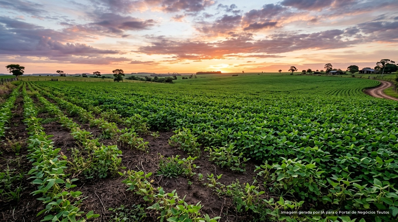 Lavoura de soja com trechos falhados ao entardecer no RS (imagem ilustrativa)