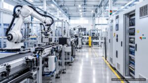 Linha de automação industrial com braços robóticos em fábrica moderna (imagem ilustrativa)