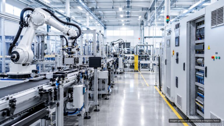 Linha de automação industrial com braços robóticos em fábrica moderna (imagem ilustrativa)