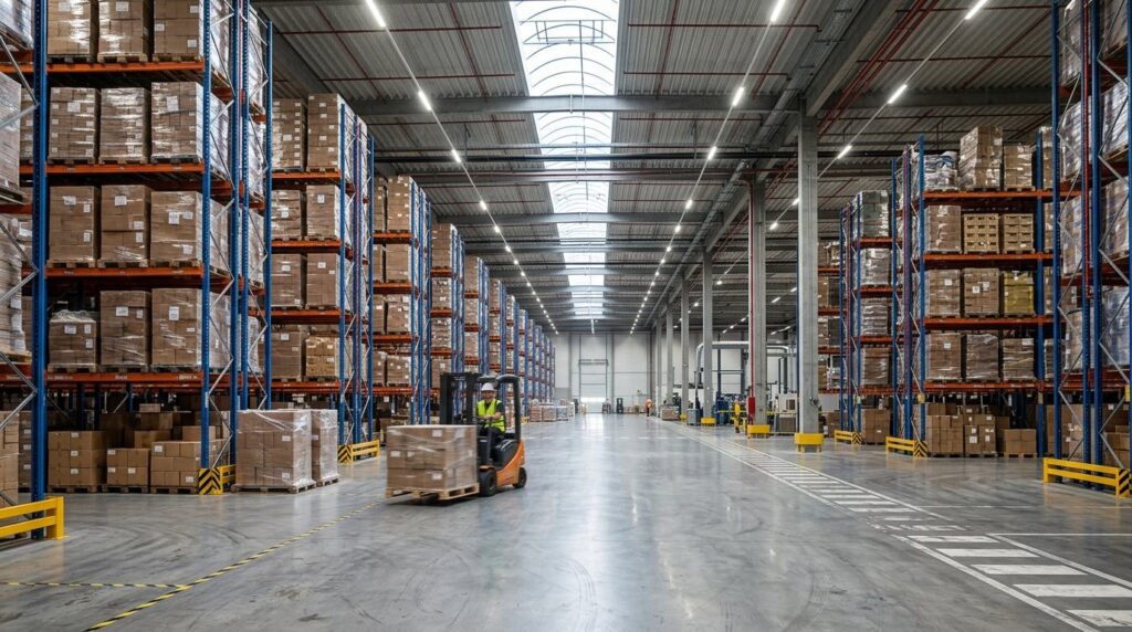 Centro de distribuição logístico moderno com prateleiras, paletes e empilhadeira (imagem ilustrativa)