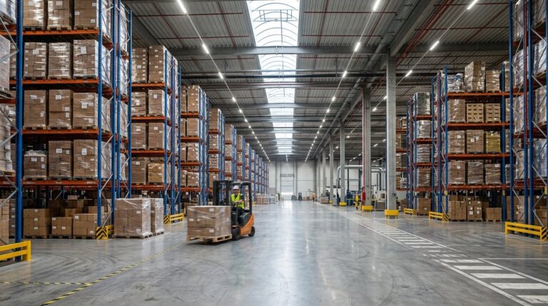 Centro de distribuição logístico moderno com prateleiras, paletes e empilhadeira (imagem ilustrativa)