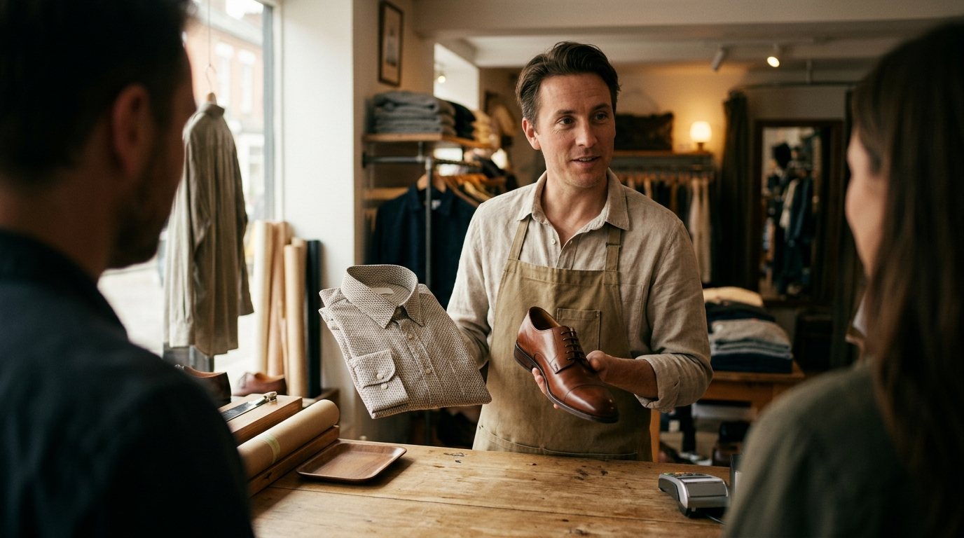 Comerciante mostrando camisa e sapato a cliente em pequena loja (imagem ilustrativa)
