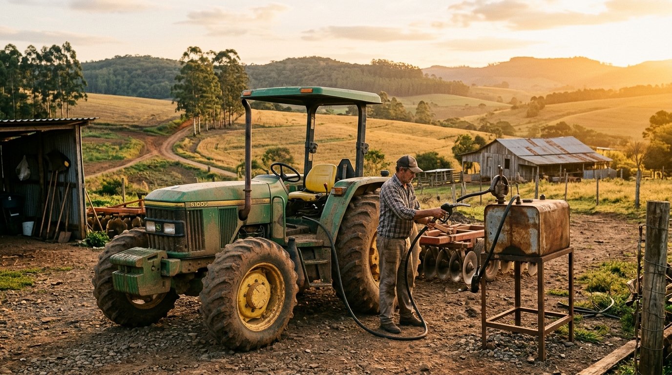 Agricultor abastecendo trator com óleo diesel na propriedade rural (imagem ilustrativa)
