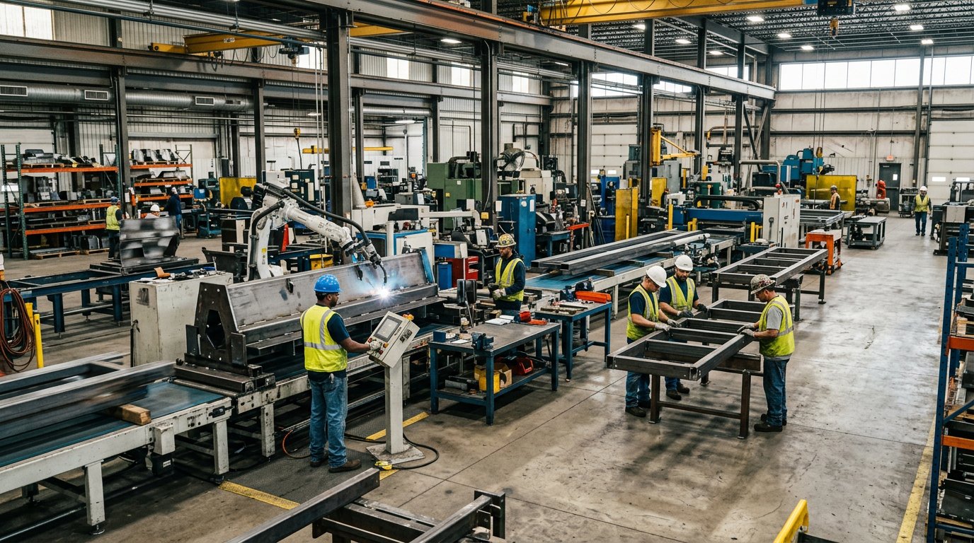 Trabalhadores no chão de fábrica de uma indústria metalúrgica (imagem ilustrativa)