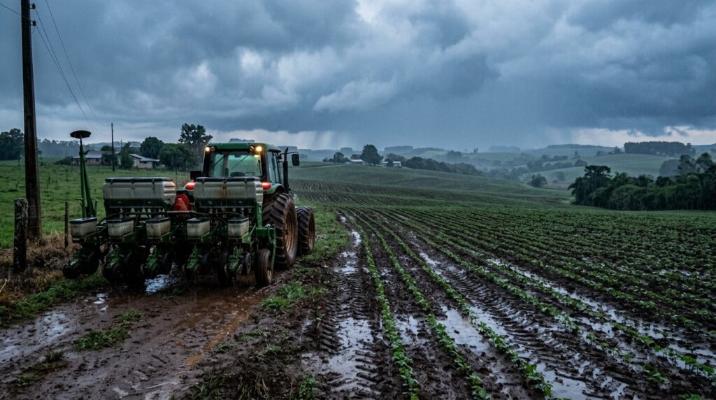 Plantadeira em lavoura de soja com solo encharcado sob chuva (imagem ilustrativa)
