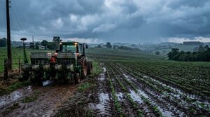 Plantadeira em lavoura de soja com solo encharcado sob chuva (imagem ilustrativa)