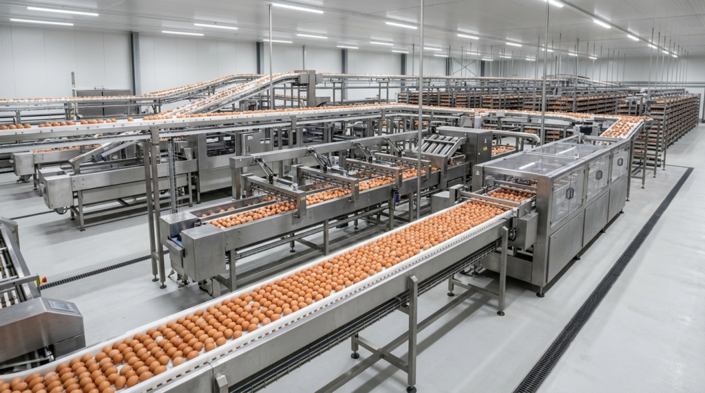 Fábrica automatizada de processamento de ovos com esteiras levando ovos vermelhos e máquinas de aço inox (imagem ilustrativa)
