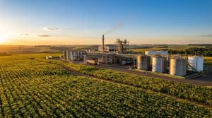 Usina de biodiesel com tanques e tubulações ao lado de lavoura de soja no Sul do Brasil (imagem ilustrativa)