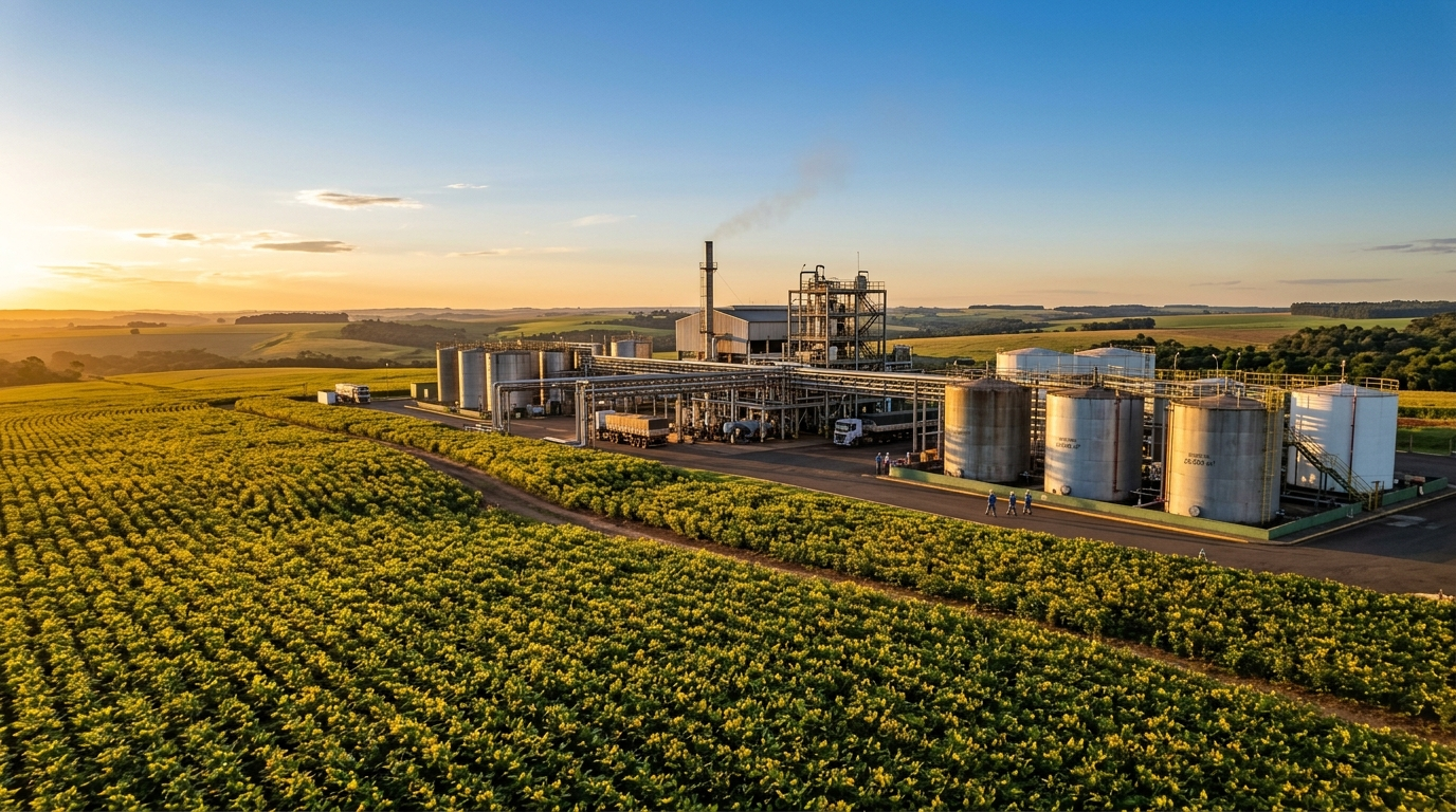 Usina de biodiesel com tanques e tubulações ao lado de lavoura de soja no Sul do Brasil (imagem ilustrativa)