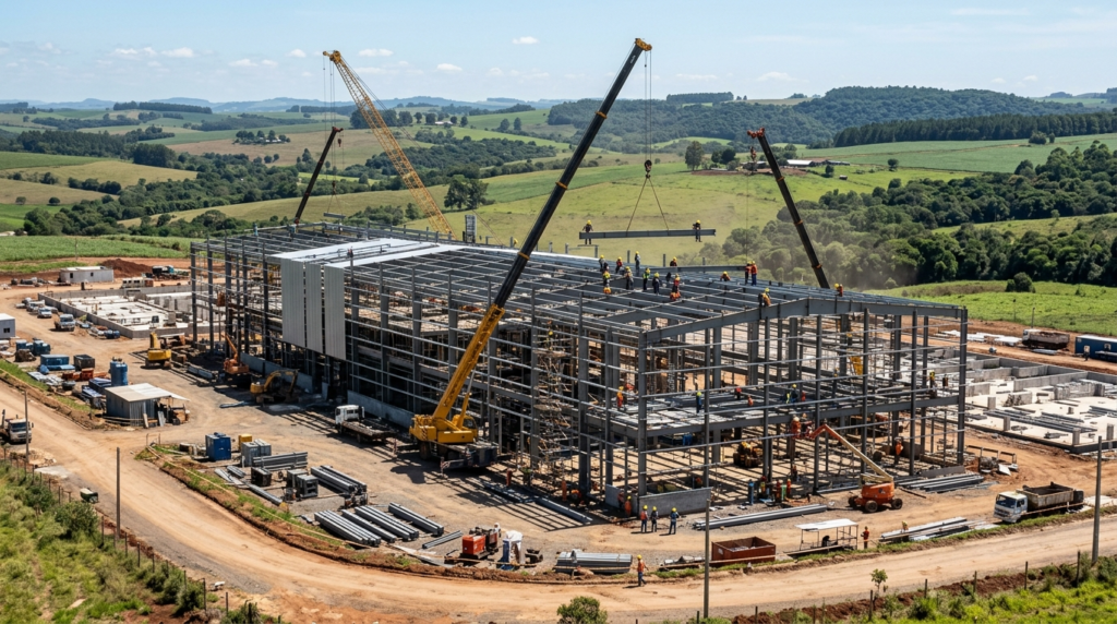 Construção de fábrica industrial com estrutura metálica e guindastes no interior gaúcho (imagem ilustrativa)